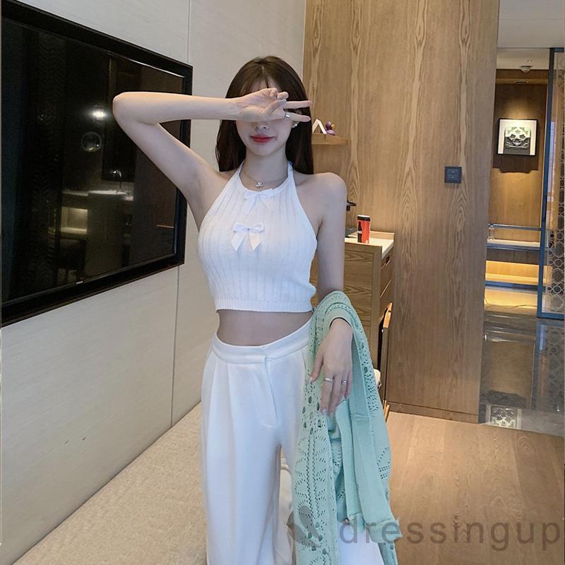 Áo Tank Top Dệt Kim Cổ Yếm Hở Lưng Đính Nơ Thời Trang Mùa Hè Cho Nữ