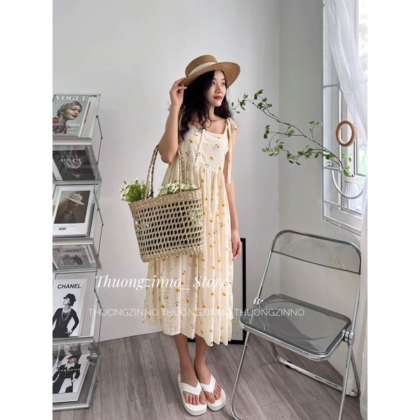 [Siêu hot] Đầm hai dây hoa nhí vàng yellow  Đầm hai dây lụa buộc vai  hoa vintage Hàn Quốc