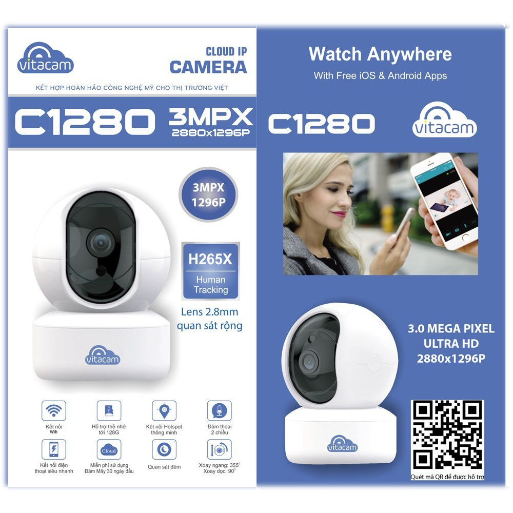 Camera Thông Minh Ip Wifi Vitacam C1280 - 3.0Mpx Full HD 1296P Chuẩn H265X - Bảo Hành Chính Hãng 24 Tháng.