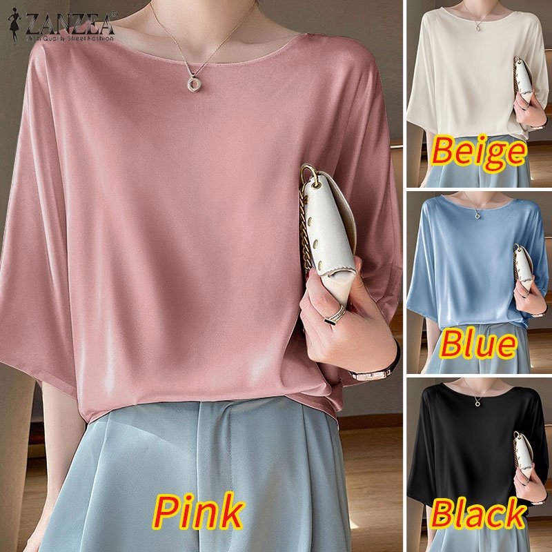 Zanzea Áo Sơ Mi Cổ Tròn Tay Lửng Vải Satin Thời Trang Công Sở Cho Bạn Gái