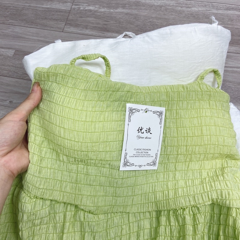 Set áo 2 dây hở lưng có đệm ngực lót mix quần sooc dáng váy babydoll quần đùi chất đũi tơ xước