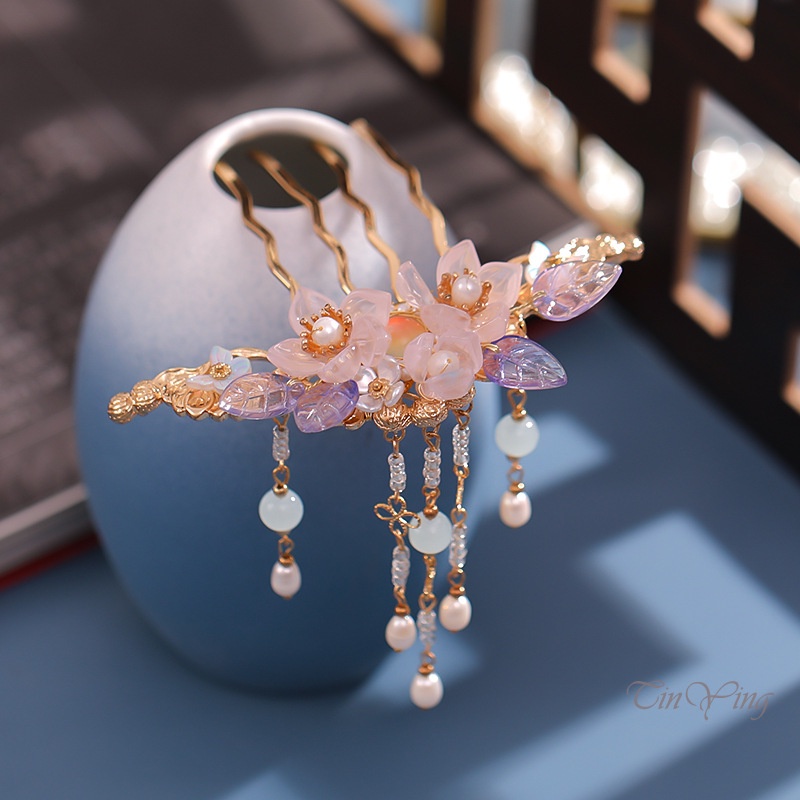 GETNOIVAS Trâm Cài Tóc Hình Hoa Đính Ngọc Trai Phối Tua Rua Phong Cách Trung Hoa Cổ Điển Cho Nữ