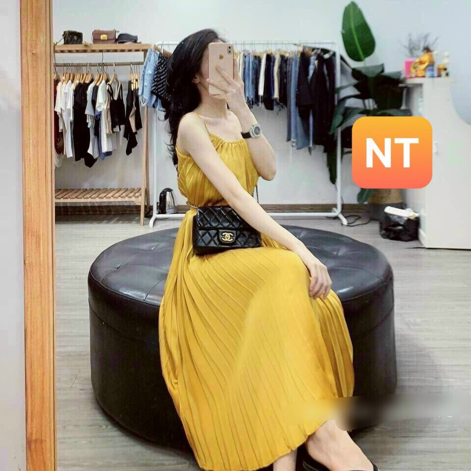 Đầm maxi dập ly hai dây satin + video ảnh thật