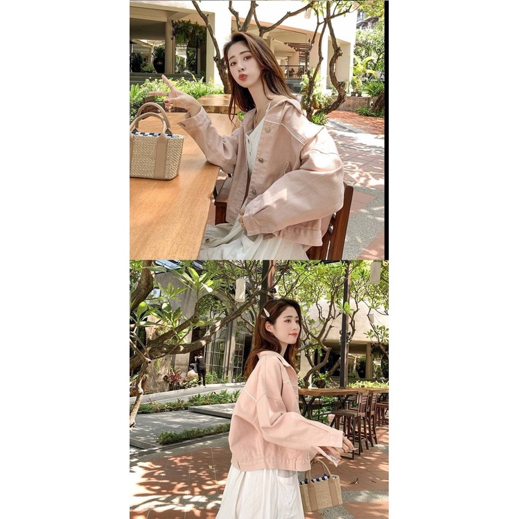 Áo Khoác Denim Tay Dài Dáng Rộng Màu Hồng Xinh Xắn Cho Nữ