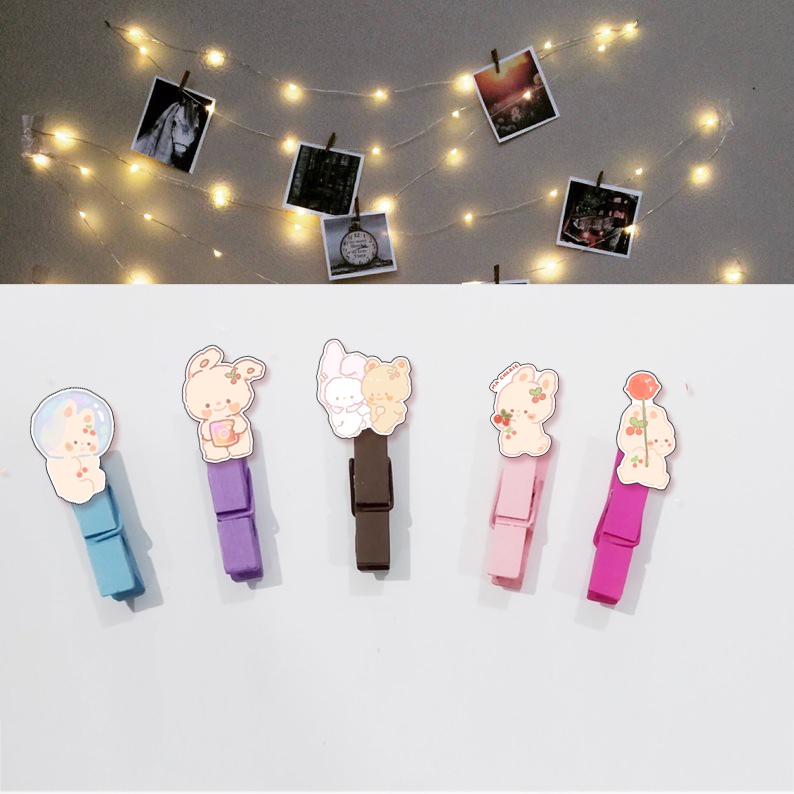 Kẹp ảnh gấu thỏ cherie berie KAG39 combo 5 kẹp kèm dây treo 1m5