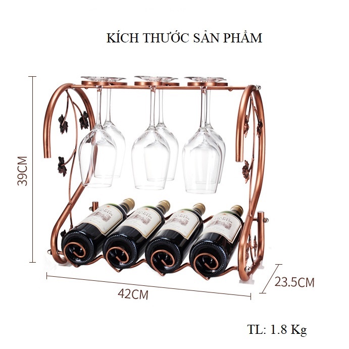 Kệ để rượu vang 4 chai cỡ đại kèm giá treo ly tiện lợi