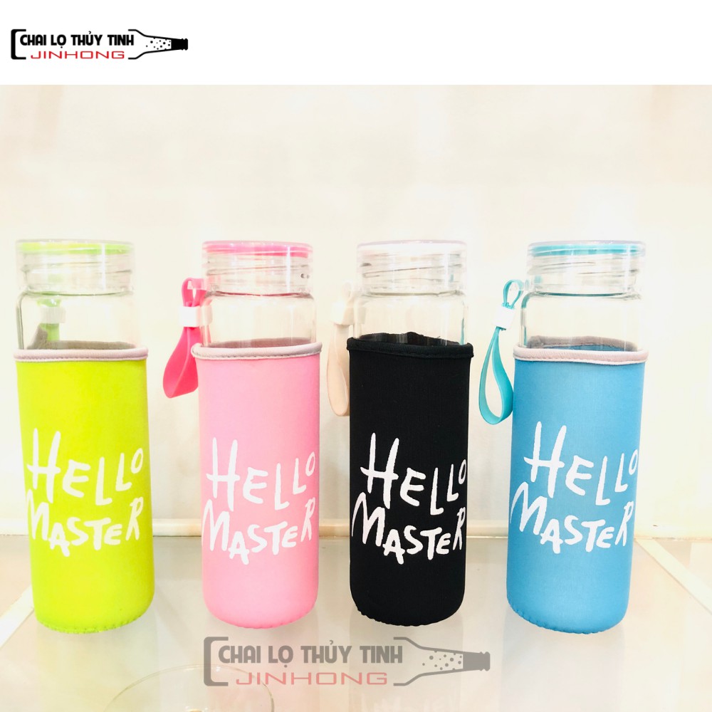 {Combo 4 Bình Màu Sắc} + FREE 4 Túi Màu Bình Nước Thuỷ Tinh Hello Master 480ml In Trong