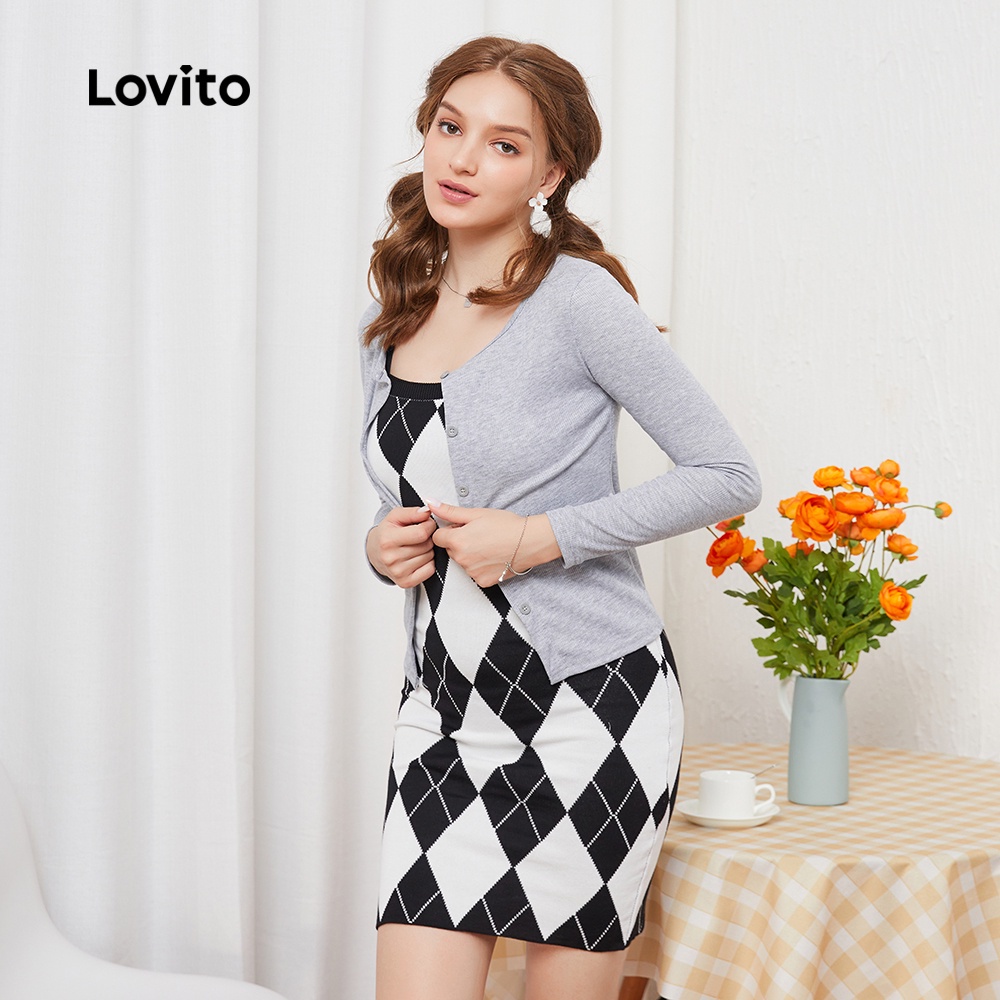 Đầm phong cách trẻ trung kiểu sọc caro cổ vuông sang trọng Lovito L08049 (màu đen và trắng) | BigBuy360 - bigbuy360.vn