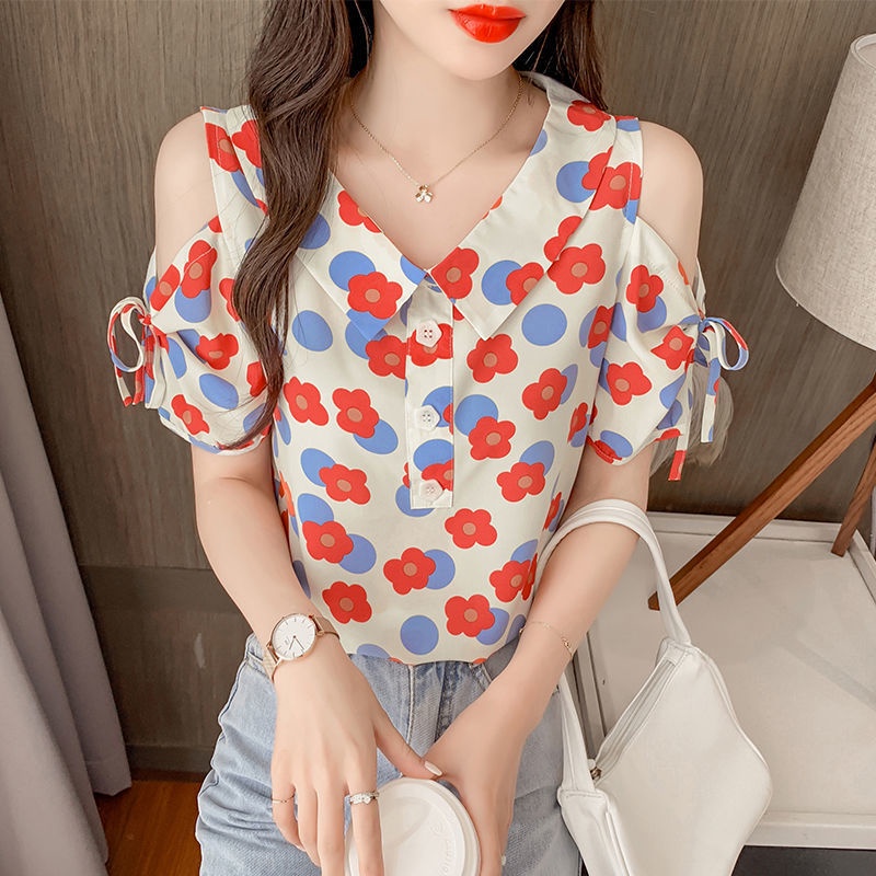 Áo Sơ Mi chiffon Tay Ngắn Cổ Búp Bê Dáng Rộng In Họa Tiết Hoa Thời Trang Mùa Hè Cho Nữ