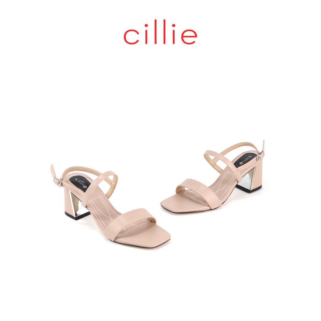 Giày sandal cao gót nữ mũi vuông thời trang phối gót xéo tráng gương độc lạ cao 5cm Cillie