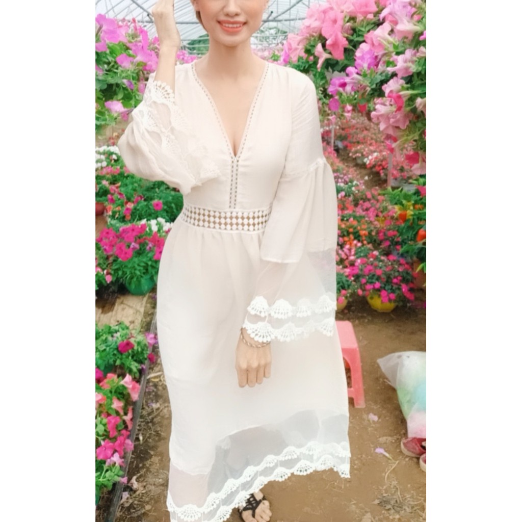 40-70KG Đầm Váy Bohemian maxi vintage trắng dáng xòe dài suông rộng đi biển đẹp xinh rẻ độc lạ tay lỡ bigsize