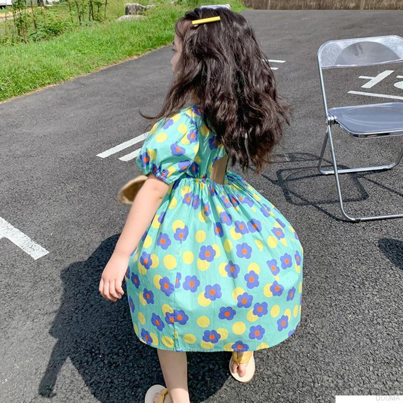 Đầm tay phồng hở lưng họa tiết hoa phong cách retro Hàn Quốc thời trang dễ thương cho bé gái