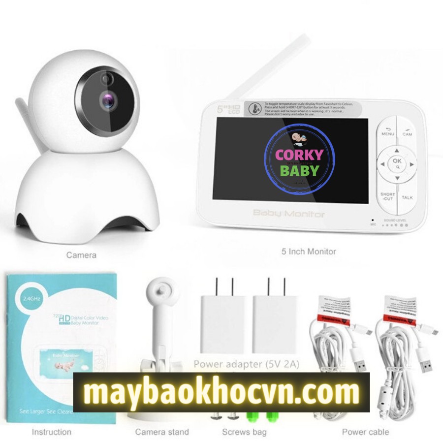 Máy báo khóc Corky Baby MBK801 – 5.0inh. Siêu Phẩm tầm nhìn bao quát với camera xoay 360