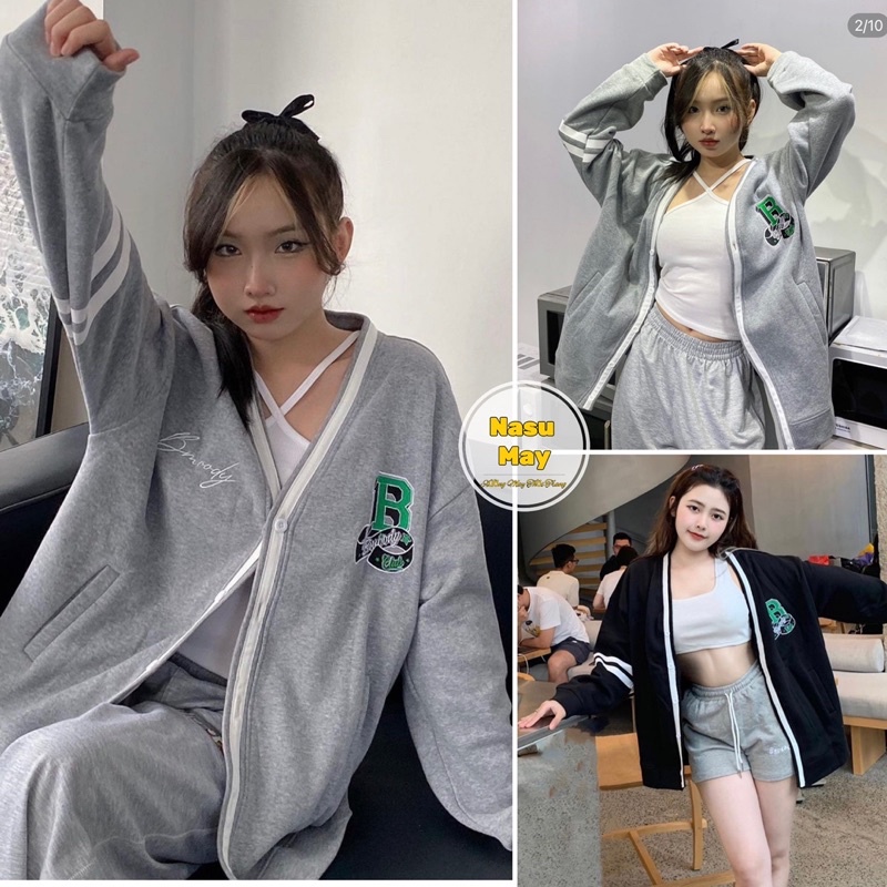 Áo Cardigan, Áo Khoác Chữ B Xanh, Xám Đen Sọc Tay Viền Trắng Nam Nữ Form Rộng