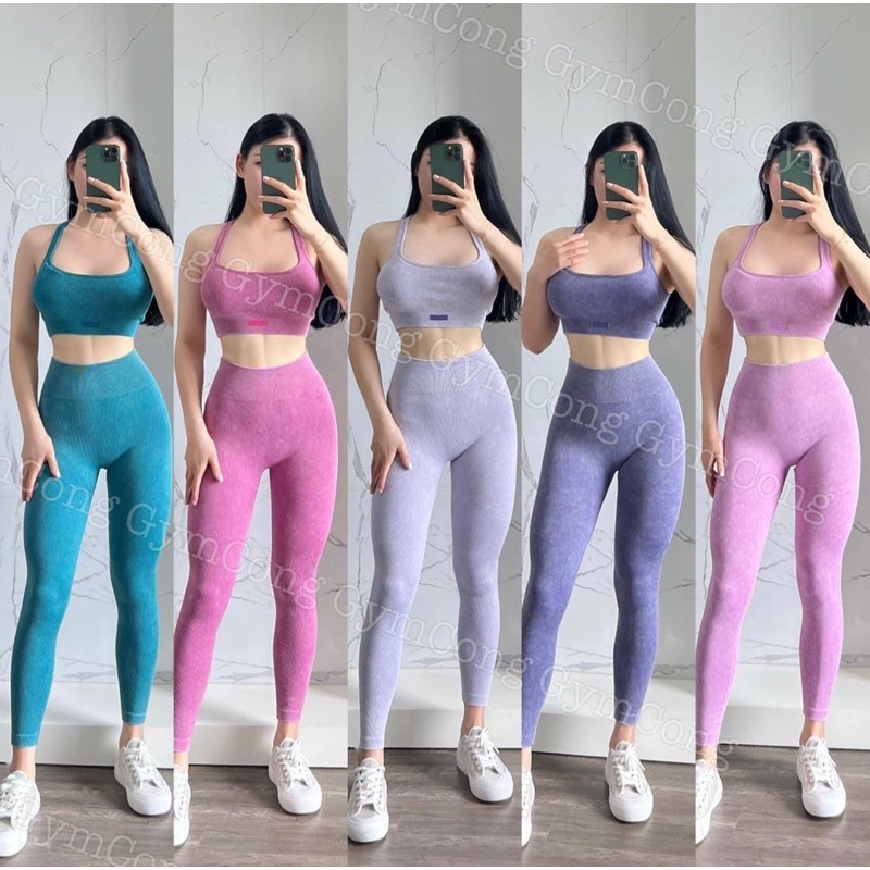 Bộ tập gym,yoga thể thao nữ thun gân nhiều màu cổ vuông