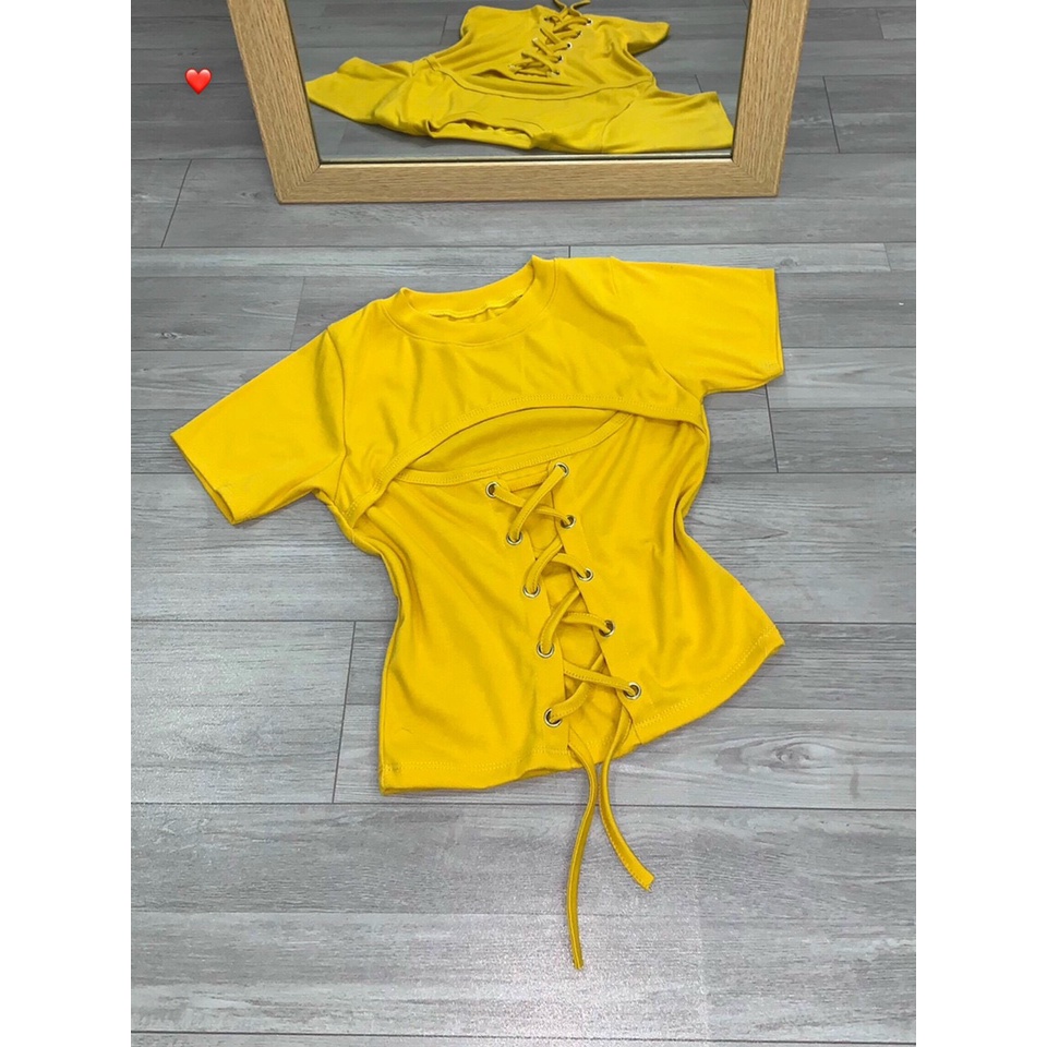 ÁO THUN CROPTOP TAY NGẮN KHOÉT NGỰC PHỐI DÂY CỘT SIÊU XINH FSHP10