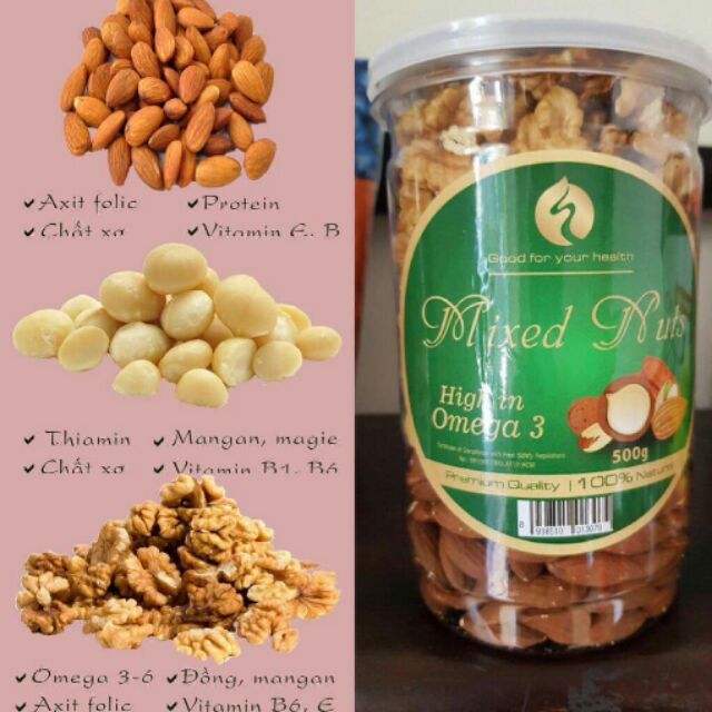 Mix 3 loại hạt tách vỏ( macca, óc chó vàng, hạnh nhân) - hũ 500g