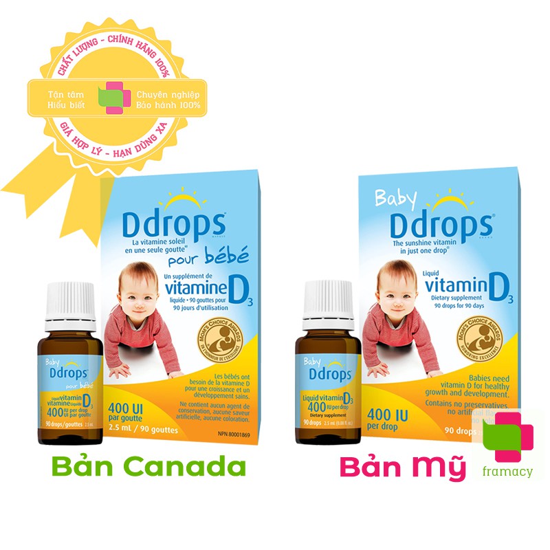 Vitamin D3 Drops 400IU, Mỹ/Canada (2.5ml) giúp phát triển xương răng, tăng miễn dịch cho bé dưới 1 tuổi