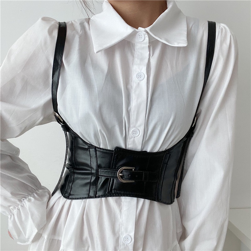 [ CÓ SẴN/ FULL SIZE] Áo CORSET có dây đeo vai, nịt bụng da màu đen thời trang dành cho nữ