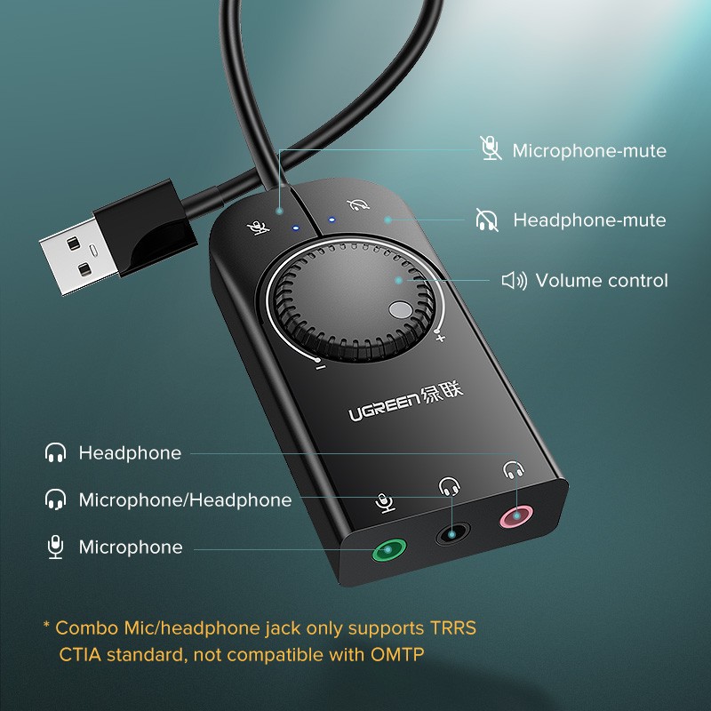 Ugreen Sound Card, USB Audio Interface External 3.5mm Microphone Audio Adapter Soundcard For Laptop PS4 Headset