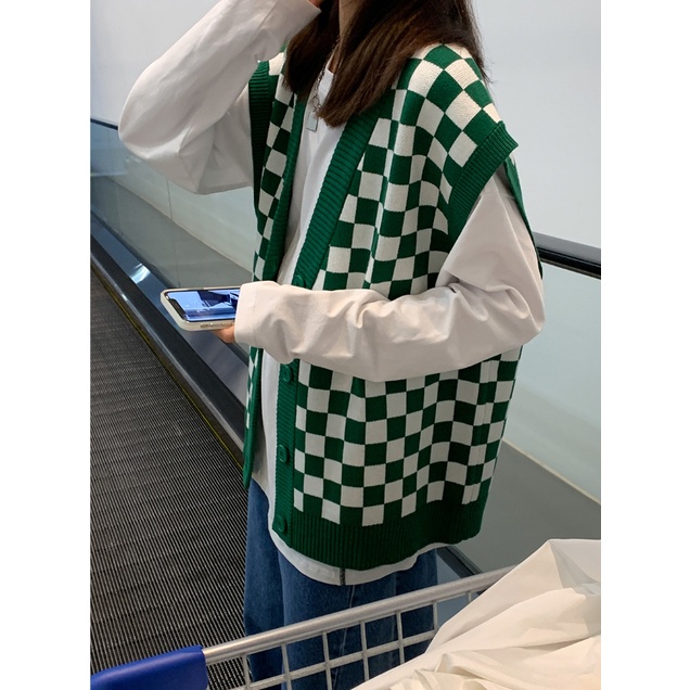 Áo khoác len không tay dáng rộng hoa văn kẻ ô dễ phối đồ thời trang hàn quốc