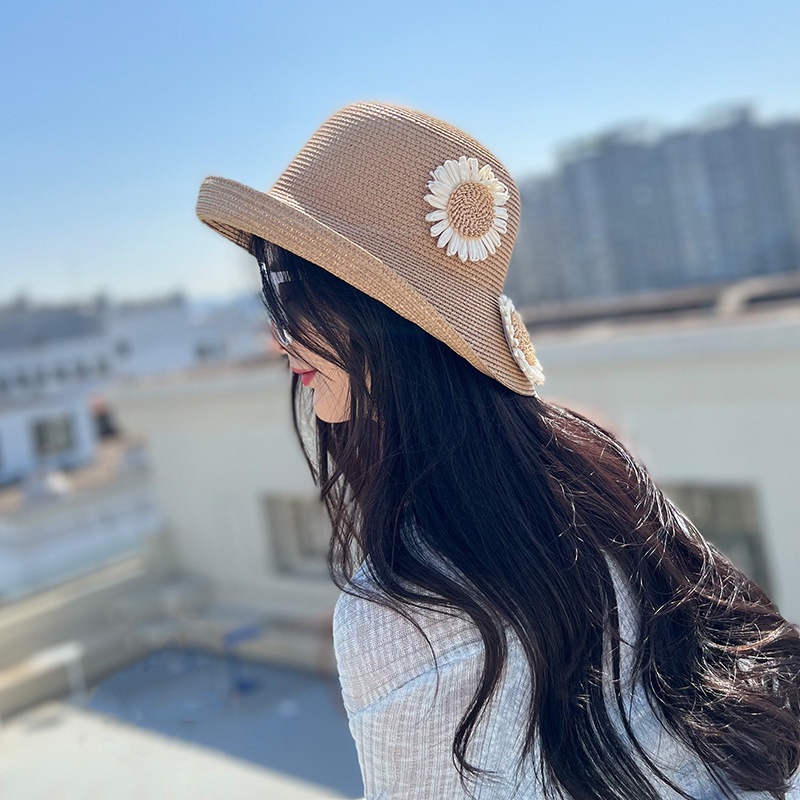 Mũ cói du lịch phối hoa cúc vành 8Cm 1/2 vành cong + 1/2 vành phẳng mẫu mới 2022 nhiều màu