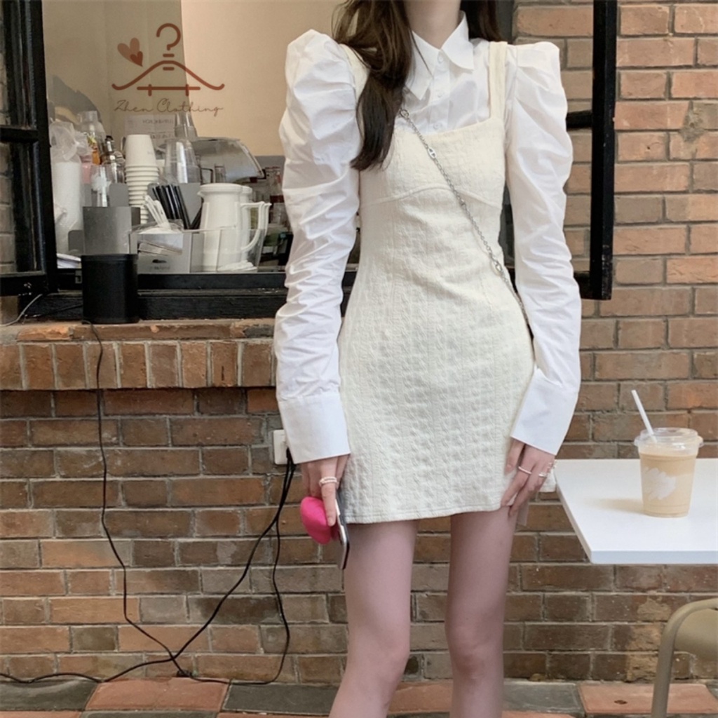 Set áo sơ mi trắng tay phồng + váy 2 dây trắng kem tiểu thư nhẹ nhàng, nữ tính