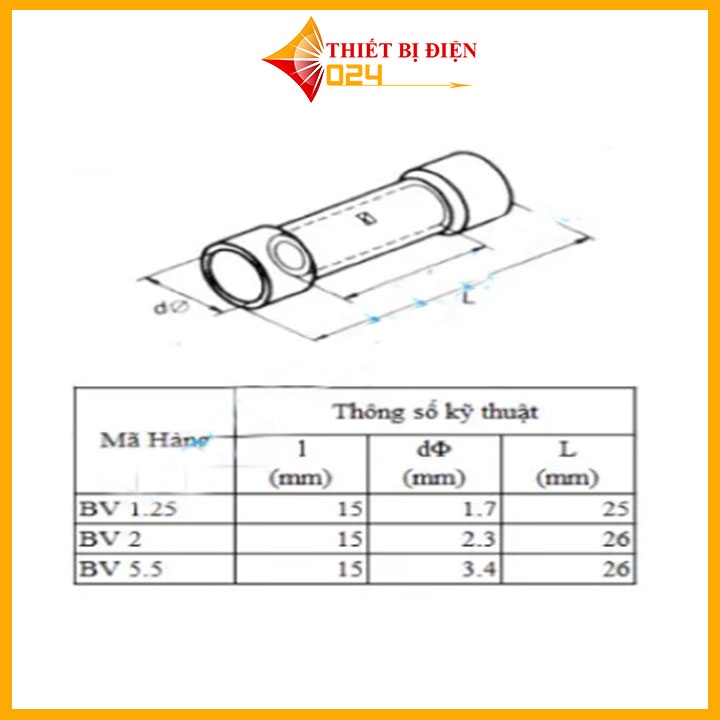 [100 cái] Đầu cos dây điện nối thẳng bọc nhựa BV 5, đầu cốt bấm dây 4mm 6mm, cosse (cót) đồng
