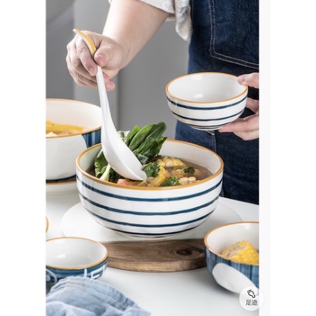 Tô dĩa sứ hoạ tiết kẻ ngang sang trọng, chén bát phong cách Bắc Âu mới hiện đại (Tách lẻ món)