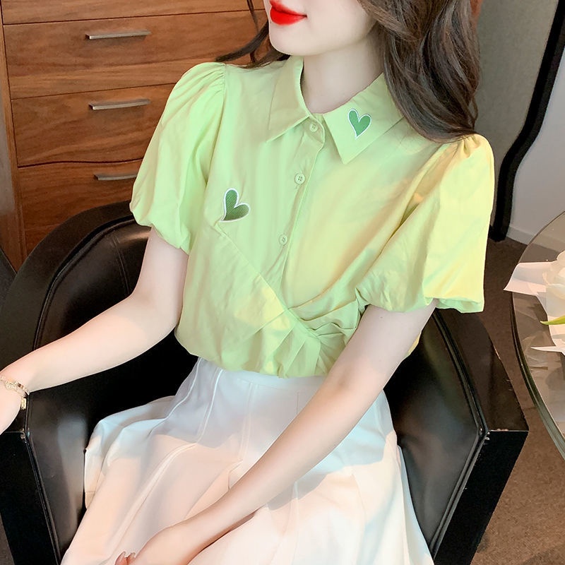 Áo sơ mi Pure Cube tay ngắn phồng thêu họa tiết trái tim thêu phong cách phương tây cao cấp