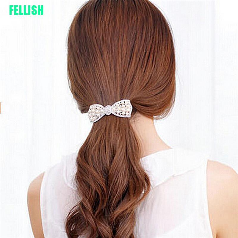 Kẹp tóc hình nơ đính đá và ngọc trai thanh lịch cho nữ