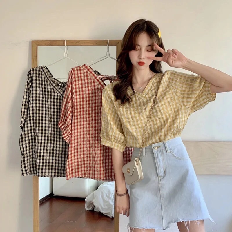 ÁO SƠ MI CỔ V KẺ CARO CỔ BÈO CHẤT THÔ MỀM