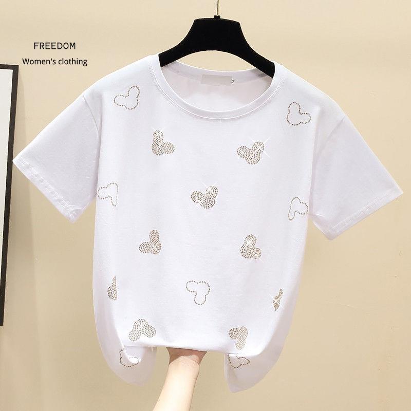 freedom  2021 Pure Cotton Heavy Industry Hot Rhinestone Áo thun ngắn tay Nữ mùa hè phong cách mới sơ mi trắng nửa trên d