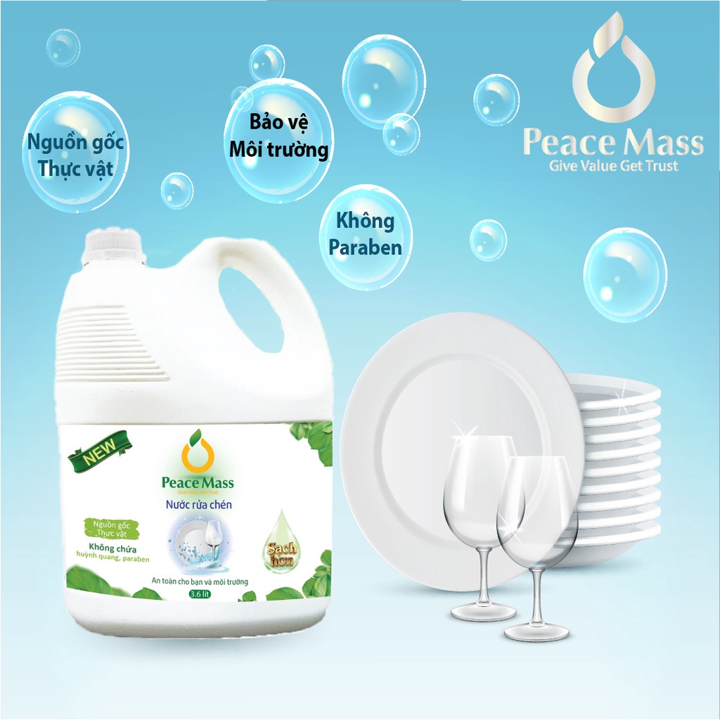 [FREESHIPXTRA] Nước rửa chén hữu cơ PeaceMass [AN TOÀN CHO DA NHẠY CẢM] rửa sạch bóng chén bát không lưu mùi -can 3.6-5l