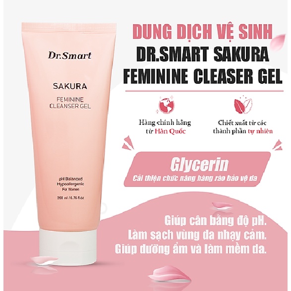 Dung dịch vệ sinh phụ nữ DR.SMART hoa anh đào cân bằng độ pH Sakura Feminine Cleanser Gel 200ml DVVSDS000