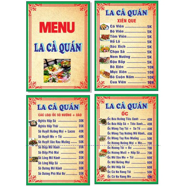 Menu a4 giá rẻ. thiết kế theo yêu cầu. in màu ep cứng plastic