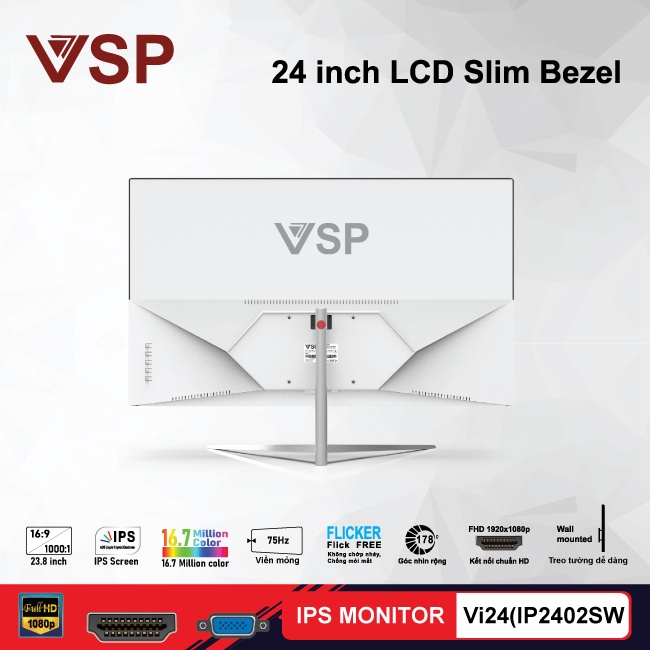 Màn hình máy tính 24inch VSP Vi24 IP2402S W/B Slim Bezel (23.8inch FHD IPS 75Hz HDMI+VGA) - Chính hãng