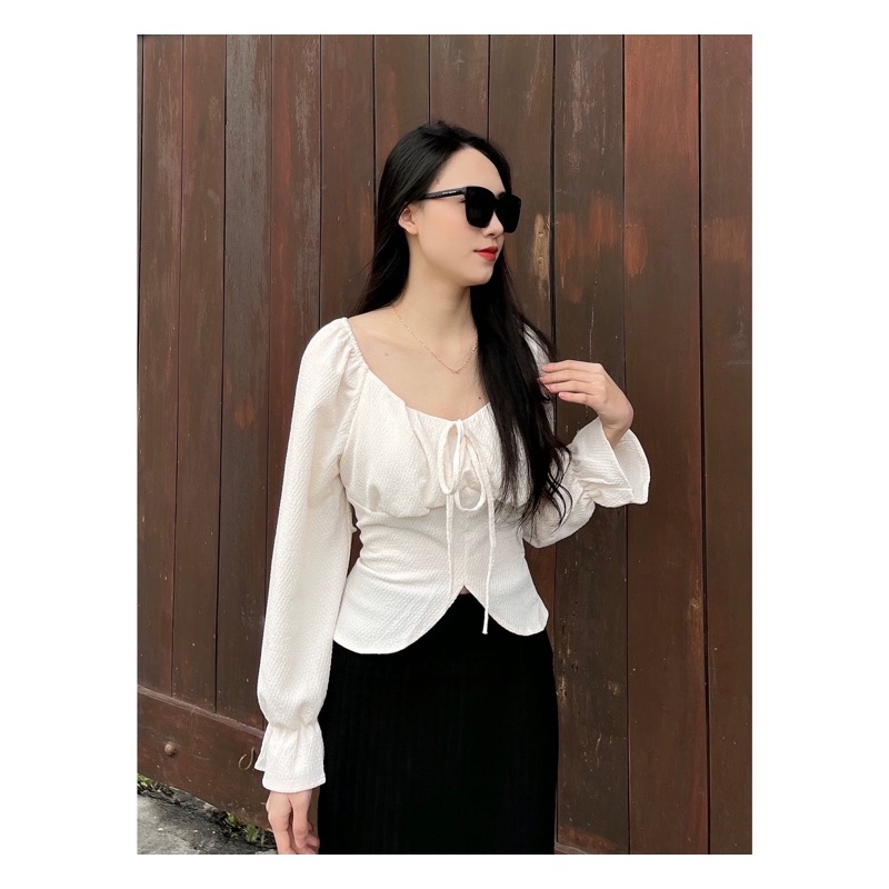 (Ảnh thật)A0236 Áo trễ vai dài tay màu kem