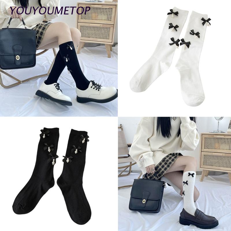 Vớ Cotton Cao Đến Đầu Gối Đính Nơ Và Ngọc Trai Ngọt Ngào Phong Cách Harajuku Cho Nữ Sinh