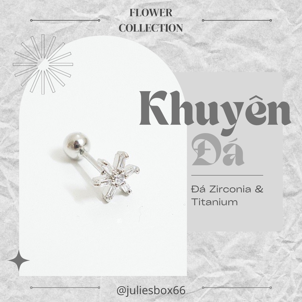 [1 Chiếc] Khuyên Tai Titan Hoa 6 Cánh Đá Trắng Unisex Màu Bạc Đuôi Bi Không Gỉ Sét Không Ngứa Bông Tai Julies Box 66