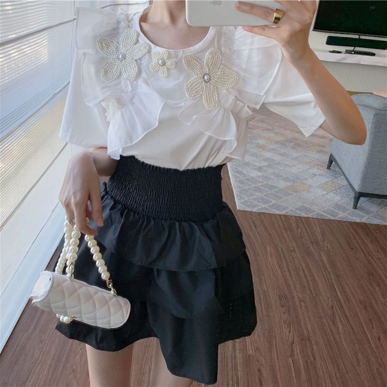 Áo Thun Đen Tay Ngắn Phối Bèo Hoạ Tiết Hoa Phong Cách Pháp  tao bao