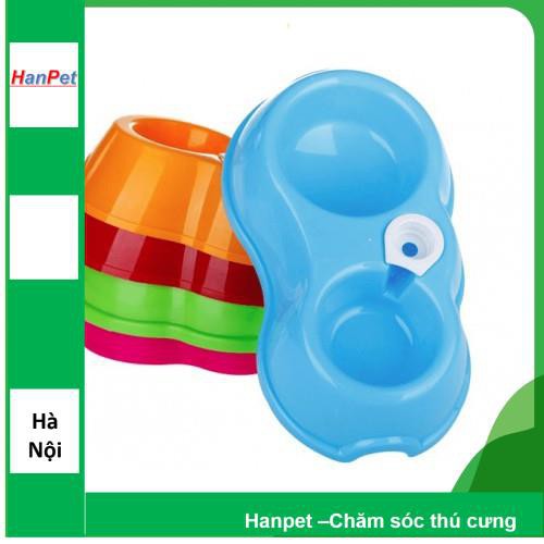 (2 loại) Bát nhựa đôi hình Ăn, Uống tự động cấp nước (hanpet 355) chó mèo có núm tiếp nước