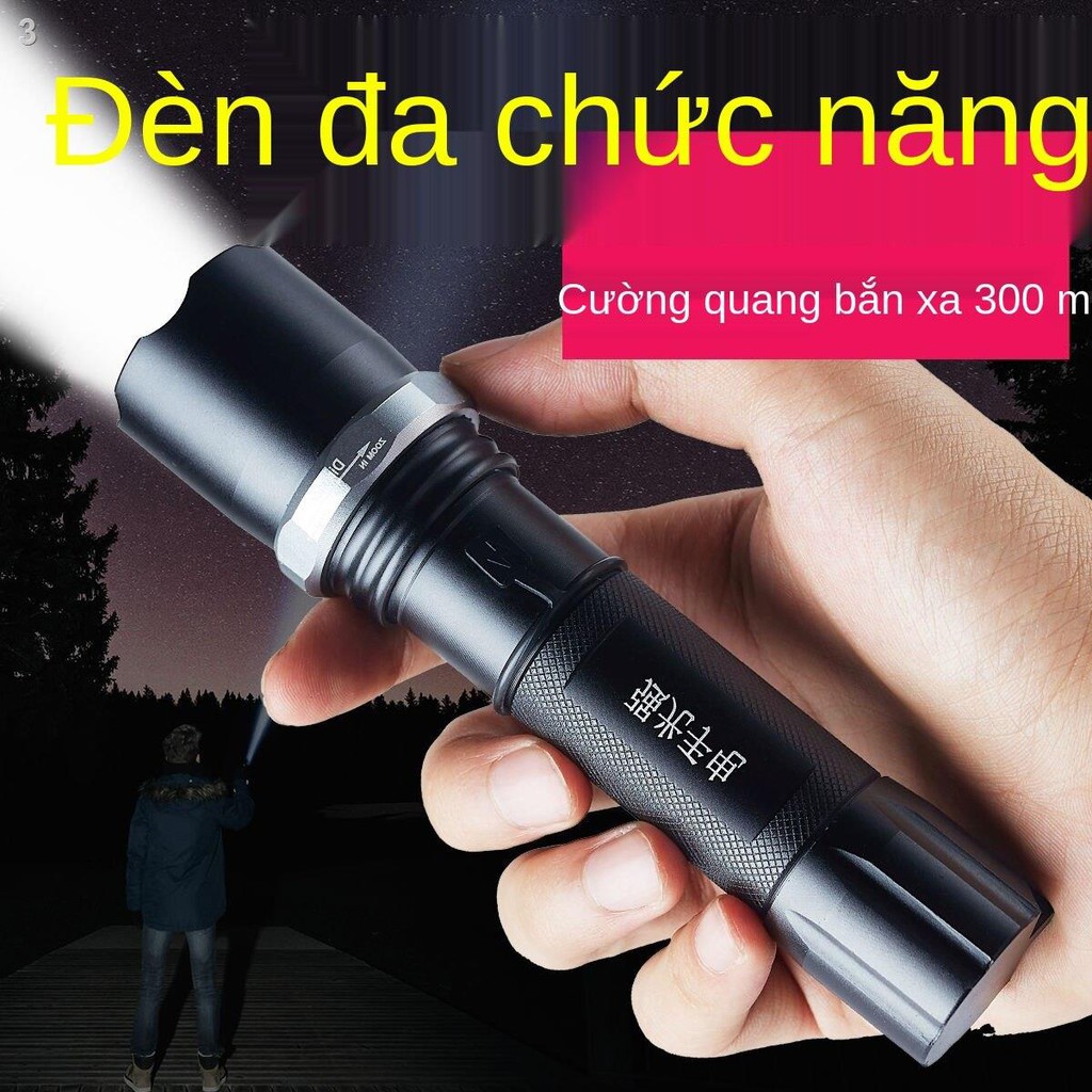 Đèn pin có thể sạc lại led chiếu xa 480 mét 10 watt, zoom siêu sáng, chống nước và tự vệ ngoài trời mini