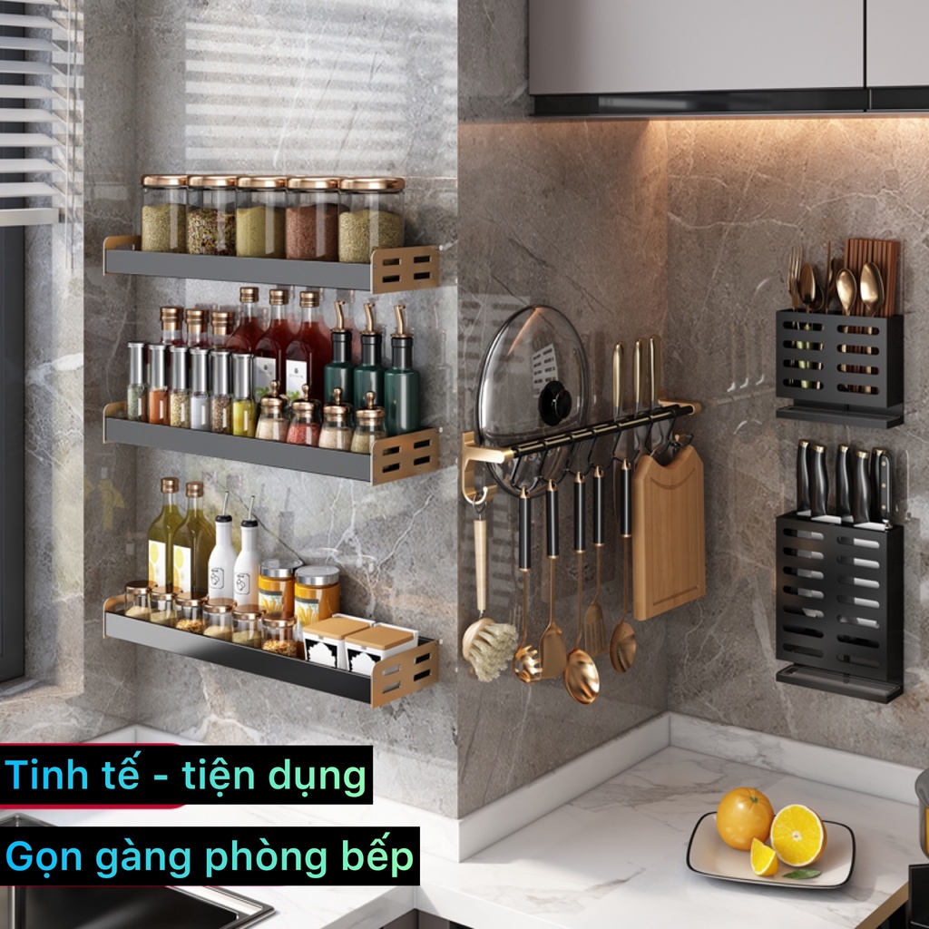 Bộ kệ nhà bếp dán tường nhà bếp để hũ gia vị, lọ dầu ăn, bát chén đĩa, dao đũa, thớt, móc treo muỗng