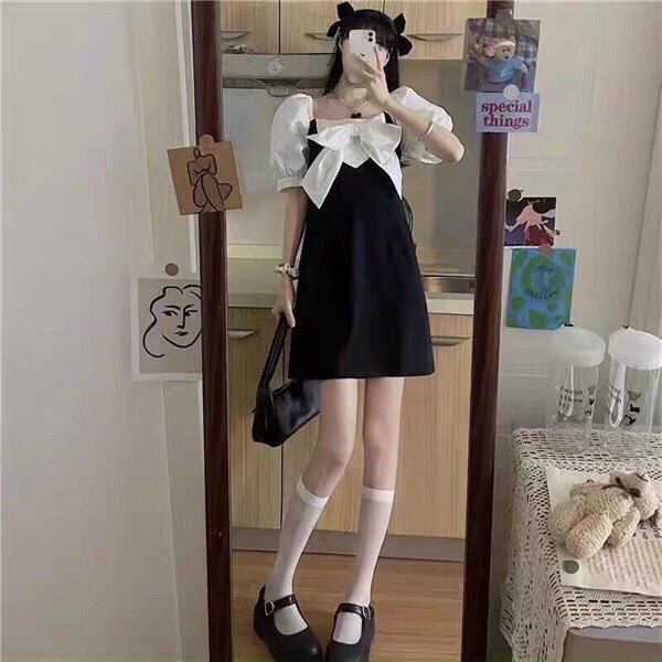 Đầm kate phối nơ tay phồng, đầm nữ tay phồng dáng váy xòe