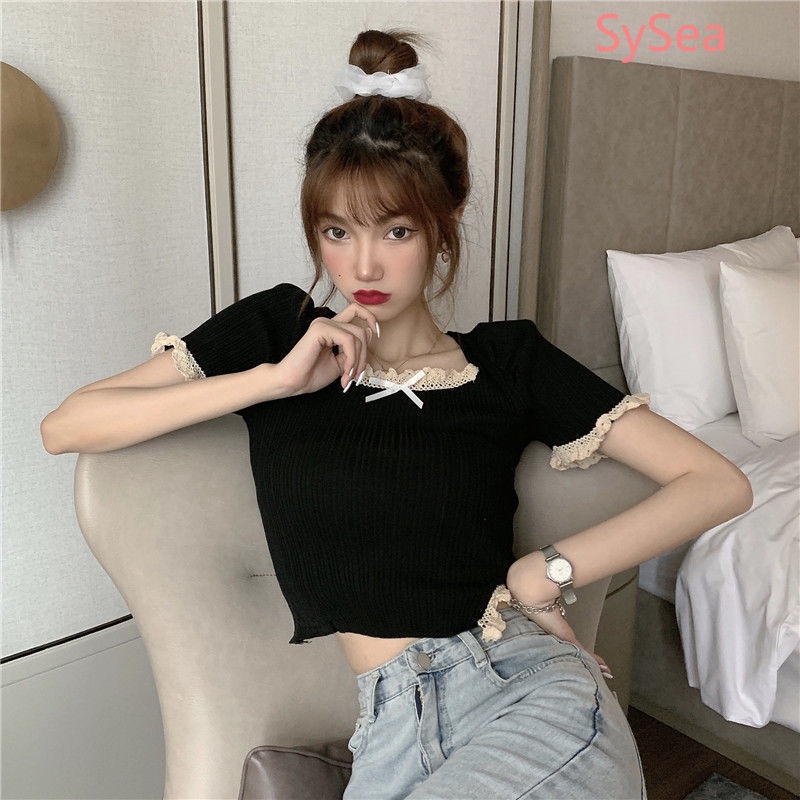 Áo nữ tay ngắn phối ren phong cách thời trang mùa hè dành cho nữ