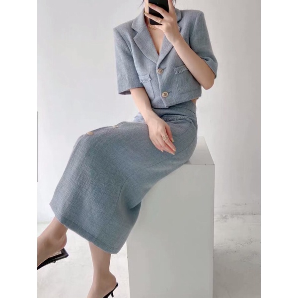 Set áo vest dạ kèm chân váy dài Zara xuất dư