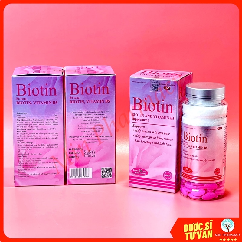 Viên uống BIOTIN Rostex Bổ sung Biotin và Vitamin B5 Giảm rụng tóc, Đẹp da Khoẻ móng Hộp 60 viên - Minpharmacy