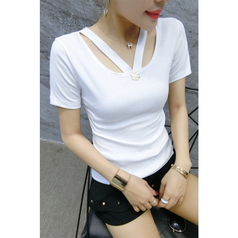 Áo Thun Nữ Ngắn Tay Cổ Chữ V Kẻ Sọc Ngang Thời Trang