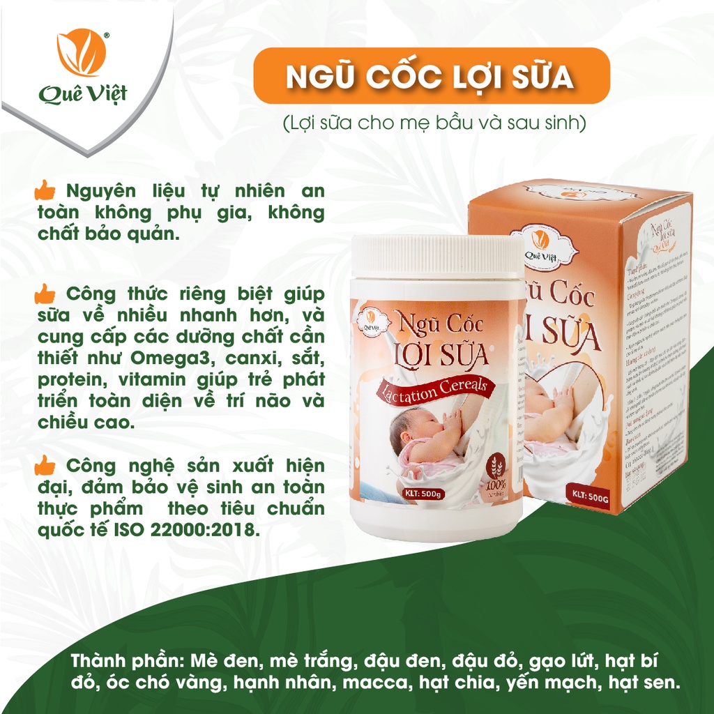 Ngũ cốc lợi sữa Quê Việt 100% nguyên liệu hữu cơ, sữa về nhiều, nhanh, bổ sung dinh dưỡng cho bé 100gr